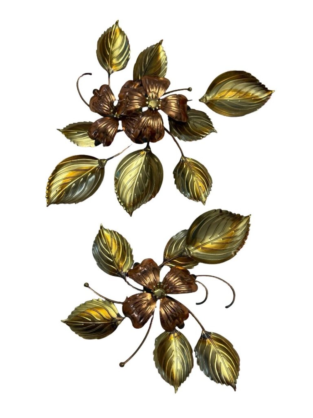 Vintage Metal Floral Wall Art Pair Gold Leaves Copper Flowers MCM Decor